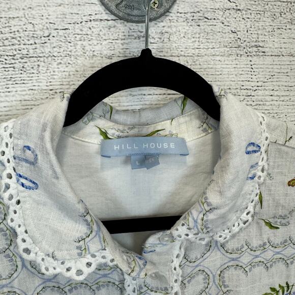 Hill House Women's White Blue Floral Crop Short Sleeve Button Up Top Size Large - Picture 2 of 8